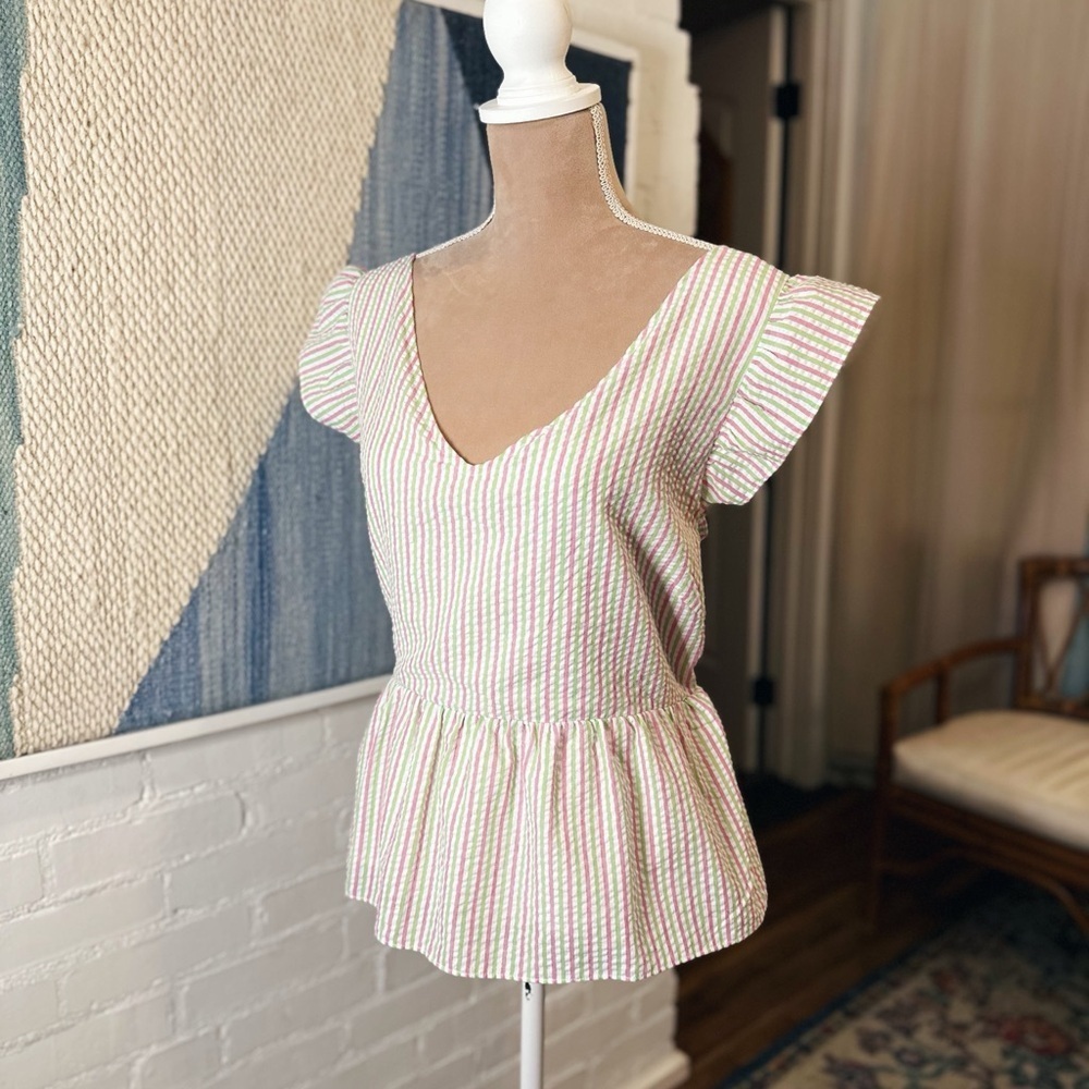 Draper James Green and Pink Striped Ruffle Sleeve Blouse